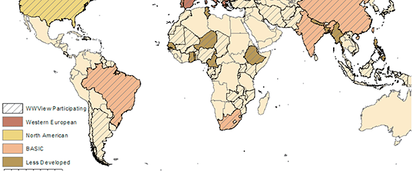 World map graphic showing people's views on climate and energy.