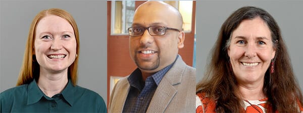 Headshots of Associate Professor Laura  Hosman, Clinical Assistant Professor Faheem Hussain, and Clinical Associate Professor Mary Jame Parmentier.